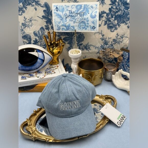 🆕 GANNI 🧿 NWT White Logo Embroidered Blue Denim Baseball Cap, Woman's Hat - Picture 9 of 14
